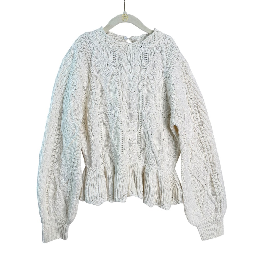 AQUA Girls Ivory Cable Knit Peplum Sweater Size L 10/12 Cream Long Sleeve